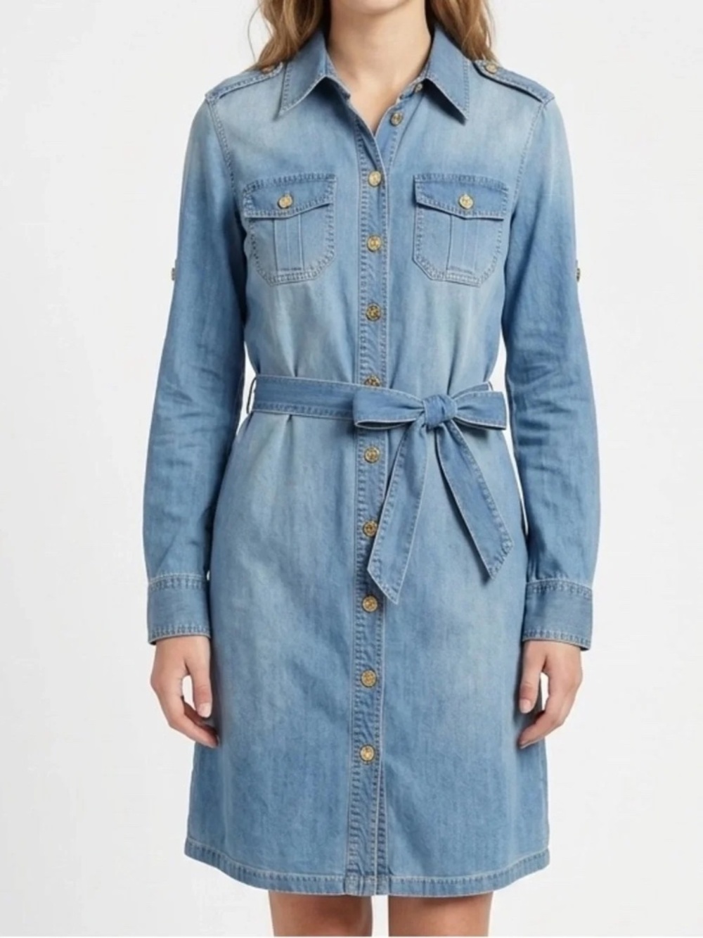 Tory Burch Light Blue Denim Shirt Dress with Gold Buttons and Belt Sz 4 Euc